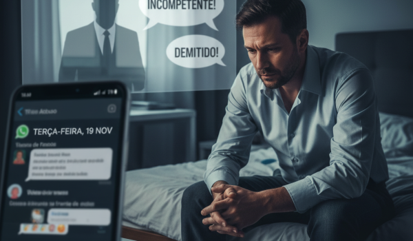 Assédio moral trabalho Ipatinga: Homem estressado sentado na cama com mensagens de abuso (incompetente/demitido) e um diário de provas no celular.