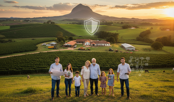 Uma família de várias gerações em frente a uma bela fazenda rural ao pôr do sol, com montanhas ao fundo e um escudo de proteção pairando sobre a propriedade. Um dos membros da família segura um tablet com um diagrama de planejamento sucessório.