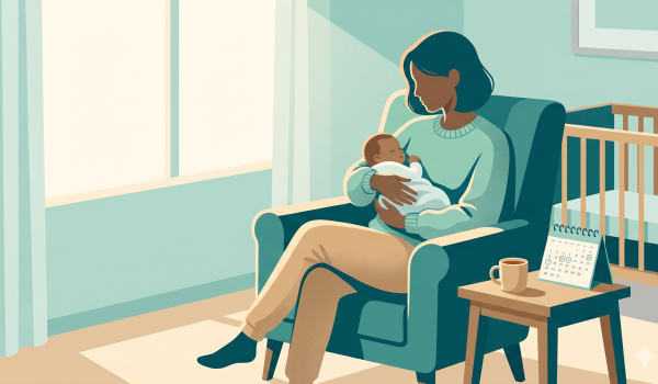 Mãe com bebê recém-nascido recebendo auxílio-maternidade do INSS