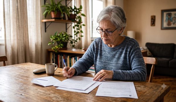 Senhora idosa conferindo carta e documentos do INSS na mesa de casa, representando o pedido de aposentadoria por idade.